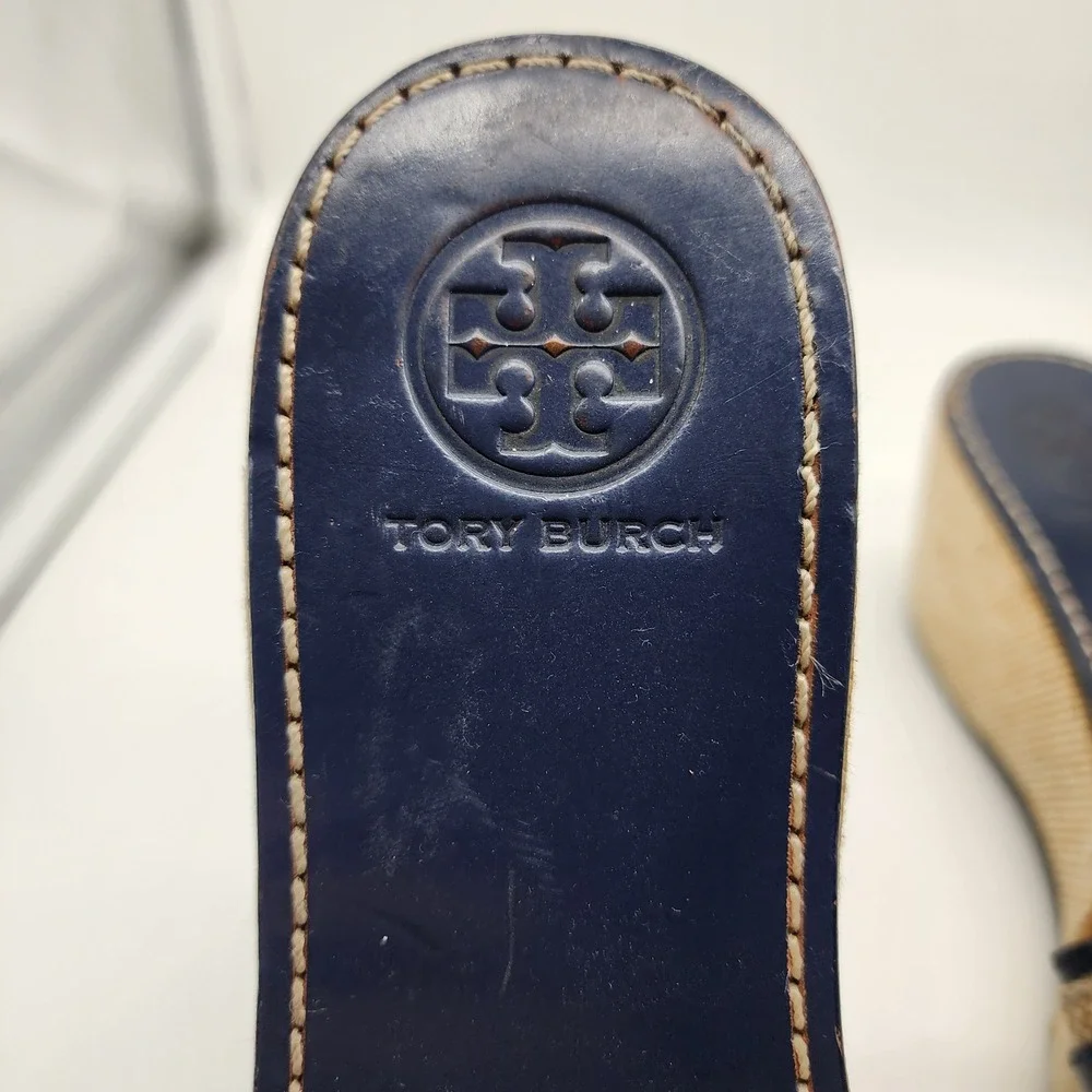Tory Burch Wedge Slide Sandals Women 7M Navy Blue Leather Canvas Gold Hardware